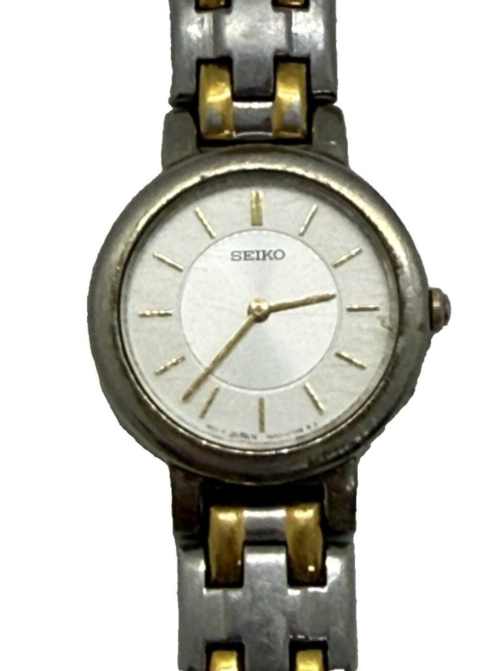 Vtg Seiko Women's Quartz Watch White Dial Two Tone Bracelet Round 1N00-1E19 RO